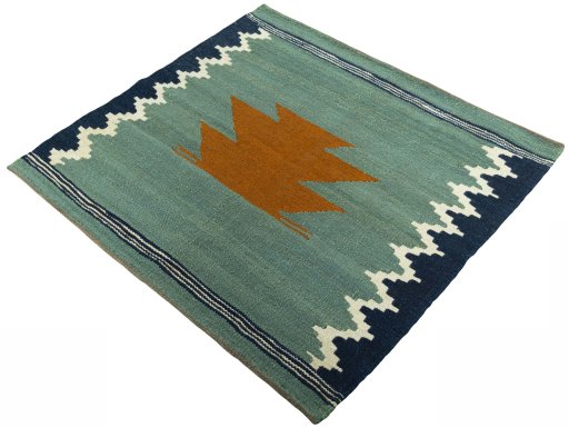Corner detail of New Kilim Sofre rug showing border pattern and Wool pile