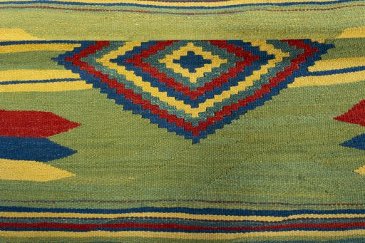 Full view of New Kilim Sofre rug from Turkey, 105 × 103 cm in Multi Color tones