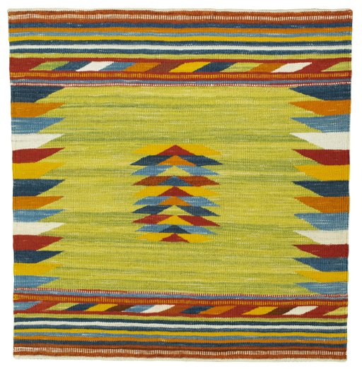 Full view of New Kilim Sofre rug from Turkey, 110 × 105 cm in Multi Color tones