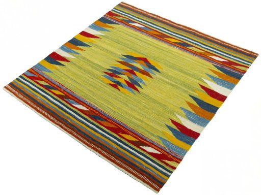 Corner detail of New Kilim Sofre rug showing border pattern and Wool pile