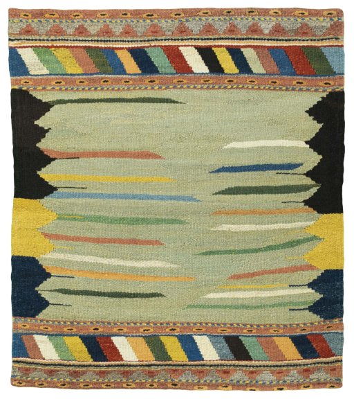 Full view of New Kilim Sofre rug from Turkey, 111 × 96 cm in Multi Color tones