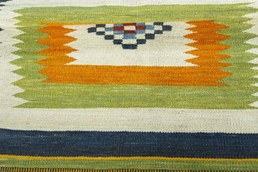 Full view of New Kilim Sofre rug from Turkey, 108 × 100 cm in Multi Color tones
