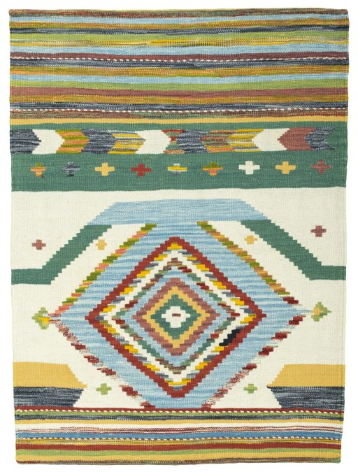 Full view of New Kilim Sofre rug from Turkey, 145 × 107 cm in Multi Color tones