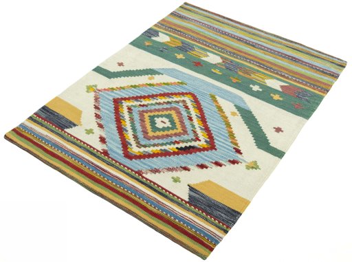 Corner detail of New Kilim Sofre rug showing border pattern and Wool pile