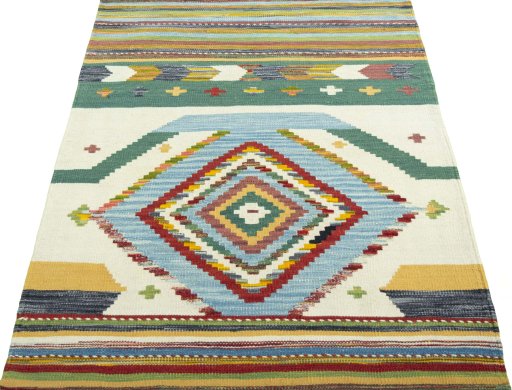 Close-up detail of New Kilim Sofre rug from Turkey showing Wool weave