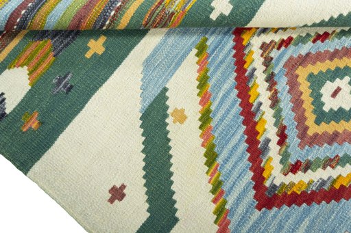 Full view of New Kilim Sofre rug from Turkey, 145 × 107 cm in Multi Color tones