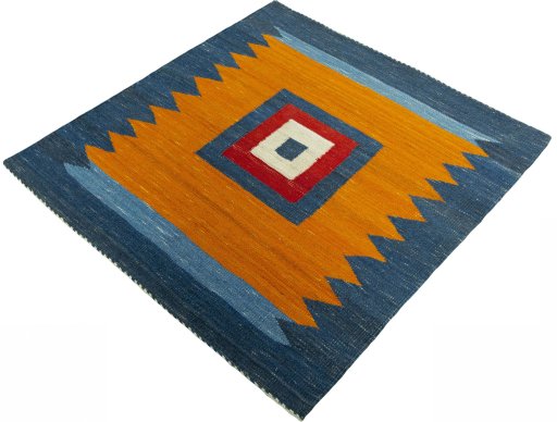 Corner detail of New Kilim Sofre rug showing border pattern and Wool pile