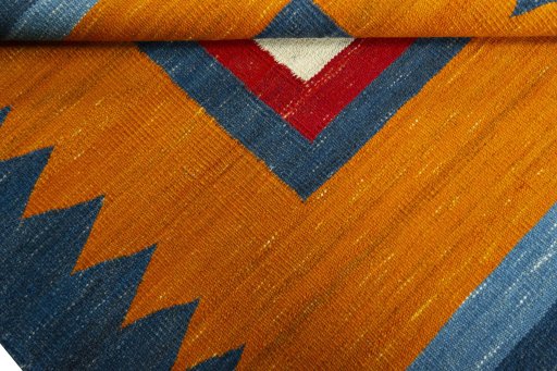 Full view of New Kilim Sofre rug from Turkey, 110 × 108 cm in Multi Color tones