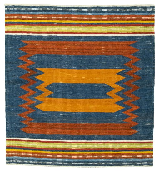 Full view of New Kilim Sofre rug from Turkey, 111 × 103 cm in Multi Color tones