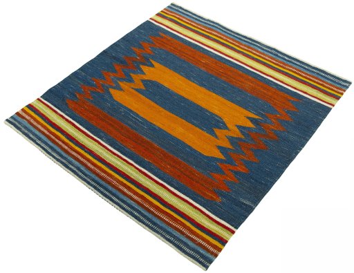 Corner detail of New Kilim Sofre rug showing border pattern and Wool pile