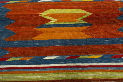 Full view of New Kilim Sofre rug from Turkey, 107 × 105 cm in Multi Color tones