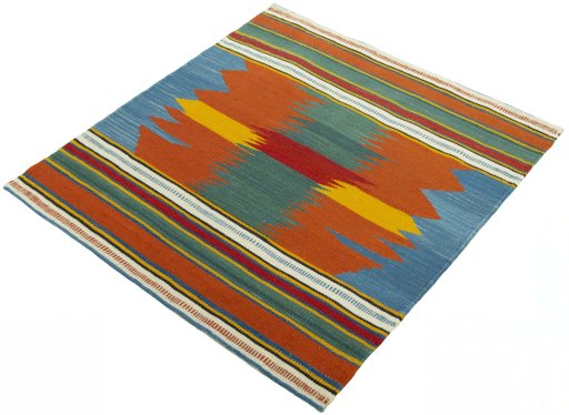Corner detail of New Kilim Sofre rug showing border pattern and Wool pile