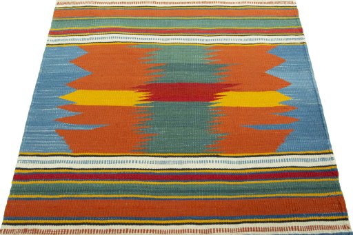 Close-up detail of New Kilim Sofre rug from Turkey showing Wool weave
