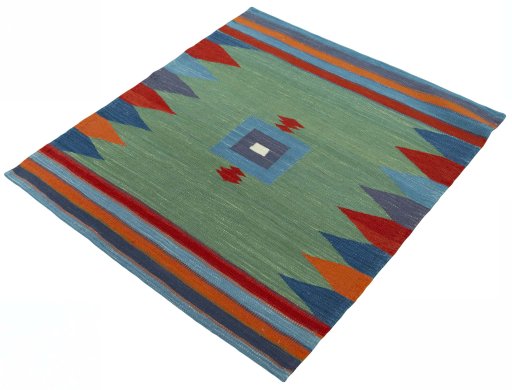 Corner detail of New Kilim Sofre rug showing border pattern and Wool pile
