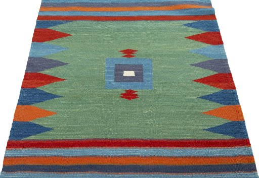Close-up detail of New Kilim Sofre rug from Turkey showing Wool weave