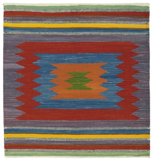 Full view of New Kilim Sofre rug from Turkey, 113 × 107 cm in Multi Color tones