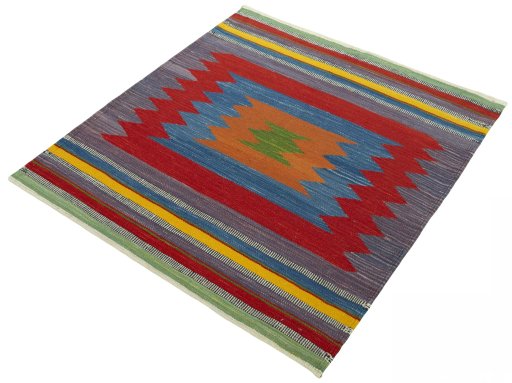 Corner detail of New Kilim Sofre rug showing border pattern and Wool pile