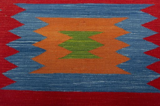 Backside of handmade New Kilim Sofre rug showing knot structure and weave density