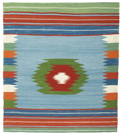 Full view of New Kilim Sofre rug from Turkey, 116 × 102 cm in Multi Color tones