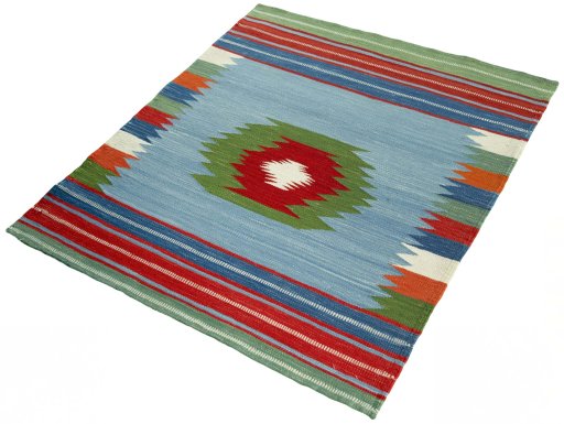 Corner detail of New Kilim Sofre rug showing border pattern and Wool pile