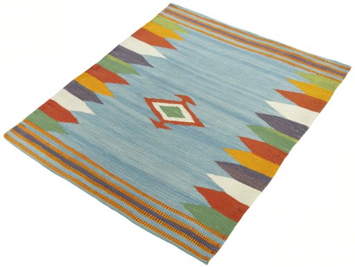 Corner detail of New Kilim Sofre rug showing border pattern and Wool pile