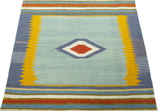 Close-up detail of New Kilim Sofre rug from Turkey showing Wool weave