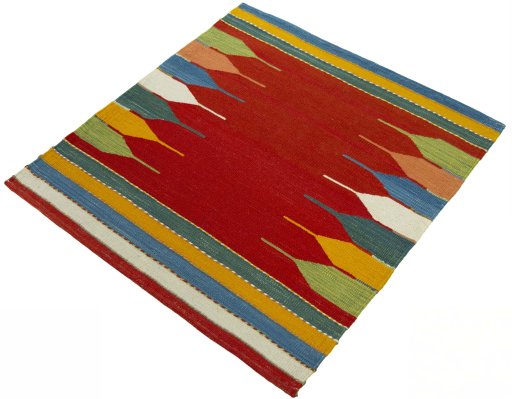 Corner detail of New Kilim Sofre rug showing border pattern and Wool pile