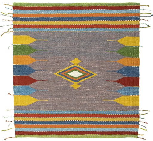 Full view of New Kilim Sofre rug from Turkey, 111 × 104 cm in Multi Color tones