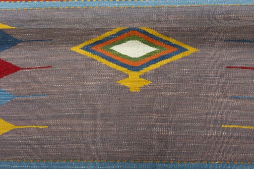 Full view of New Kilim Sofre rug from Turkey, 111 × 104 cm in Multi Color tones