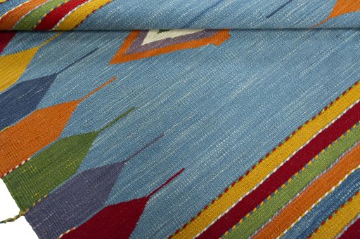 Full view of New Kilim Sofre rug from Turkey, 102 × 100 cm in Multi Color tones