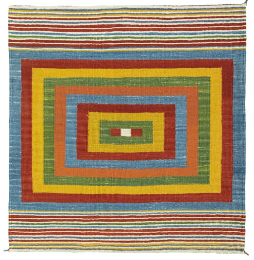 Full view of New Kilim Sofre rug from Turkey, 104 × 100 cm in Multi Color tones