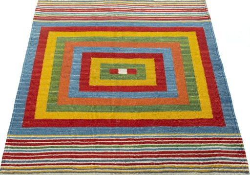 Close-up detail of New Kilim Sofre rug from Turkey showing Wool weave