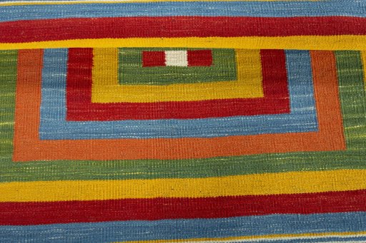 Full view of New Kilim Sofre rug from Turkey, 104 × 100 cm in Multi Color tones