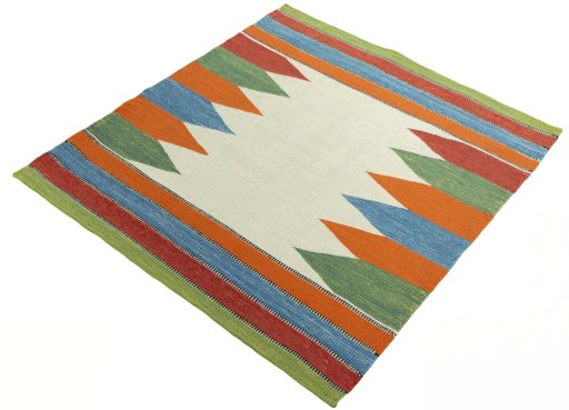 Corner detail of New Kilim Sofre rug showing border pattern and Wool pile