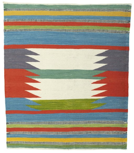 Full view of New Kilim Sofre rug from Turkey, 121 × 103 cm in Multi Color tones