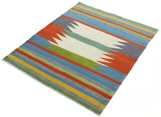 Corner detail of New Kilim Sofre rug showing border pattern and Wool pile