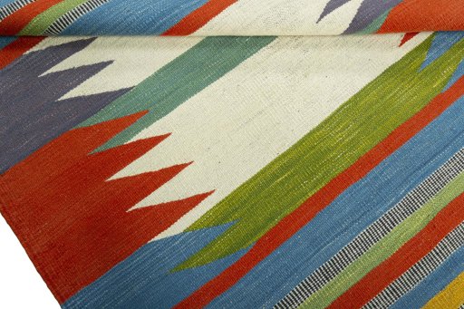 Full view of New Kilim Sofre rug from Turkey, 121 × 103 cm in Multi Color tones