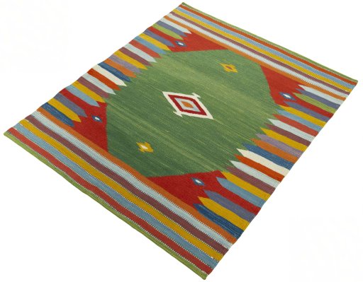 Corner detail of New Kilim Sofre rug showing border pattern and Wool pile