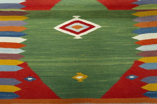 Full view of New Kilim Sofre rug from Turkey, 109 × 94 cm in Multi Color tones