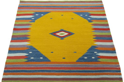 Close-up detail of New Kilim Sofre rug from Turkey showing Wool weave