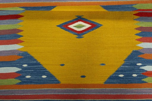 Full view of New Kilim Sofre rug from Turkey, 103 × 99 cm in Multi Color tones