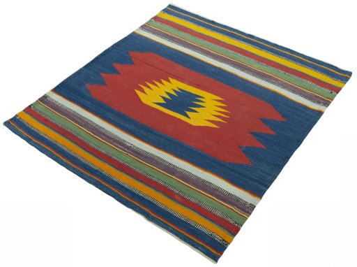 Corner detail of New Kilim Sofre rug showing border pattern and Wool pile