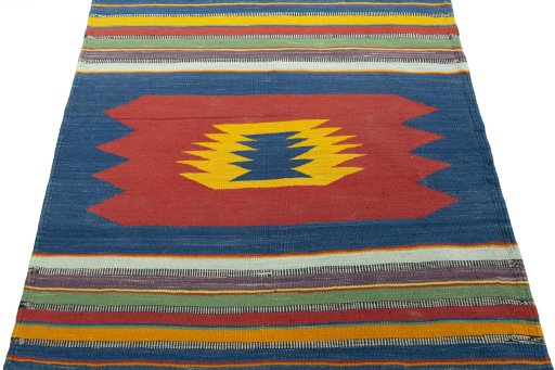 Close-up detail of New Kilim Sofre rug from Turkey showing Wool weave