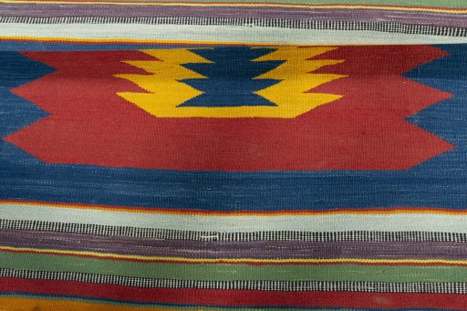 Full view of New Kilim Sofre rug from Turkey, 113 × 103 cm in Multi Color tones