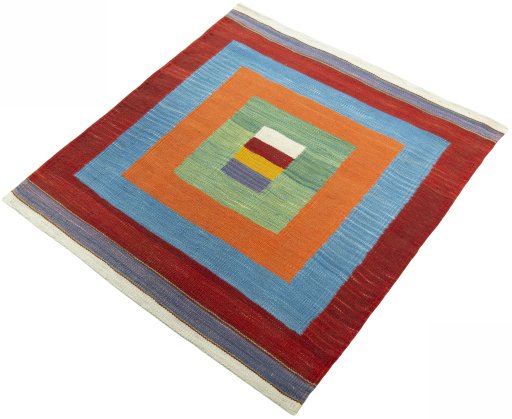 Corner detail of New Kilim Sofre rug showing border pattern and Wool pile
