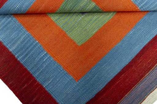 Full view of New Kilim Sofre rug from Turkey, 104 × 96 cm in Multi Color tones