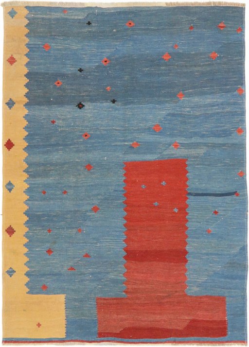 Full view of New Modern Design rug from Iran / Persia, 195 × 140 cm in Blue tones