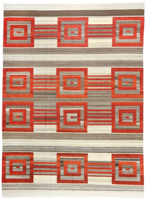 Full view of New Modern Design rug from Iran / Persia, 345 × 251 cm in Beige tones