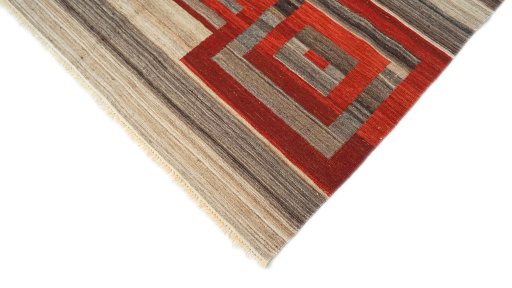 Backside of handmade New Modern Design rug showing knot structure and weave density