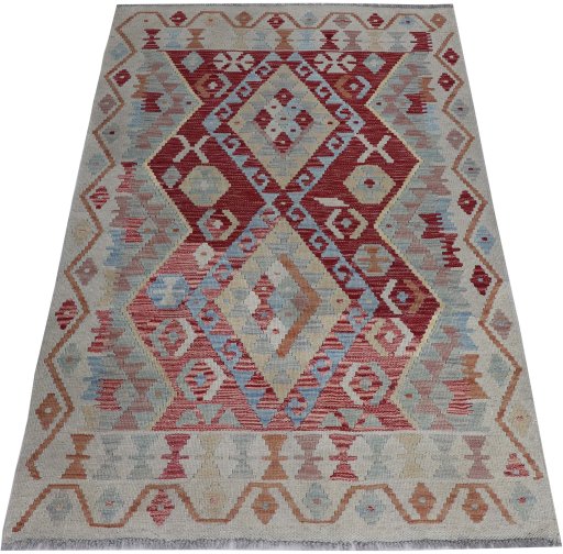 Full view of New Modern Design rug from Pakistan, 141 × 97 cm in Multi Color tones